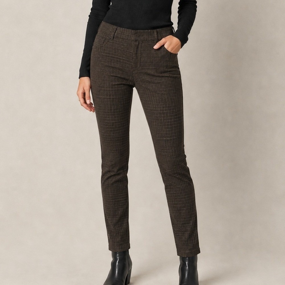 Liverpool Womens Brown Plaid Pull On Pants Slim Fit Stretch Fall Dark Size 8